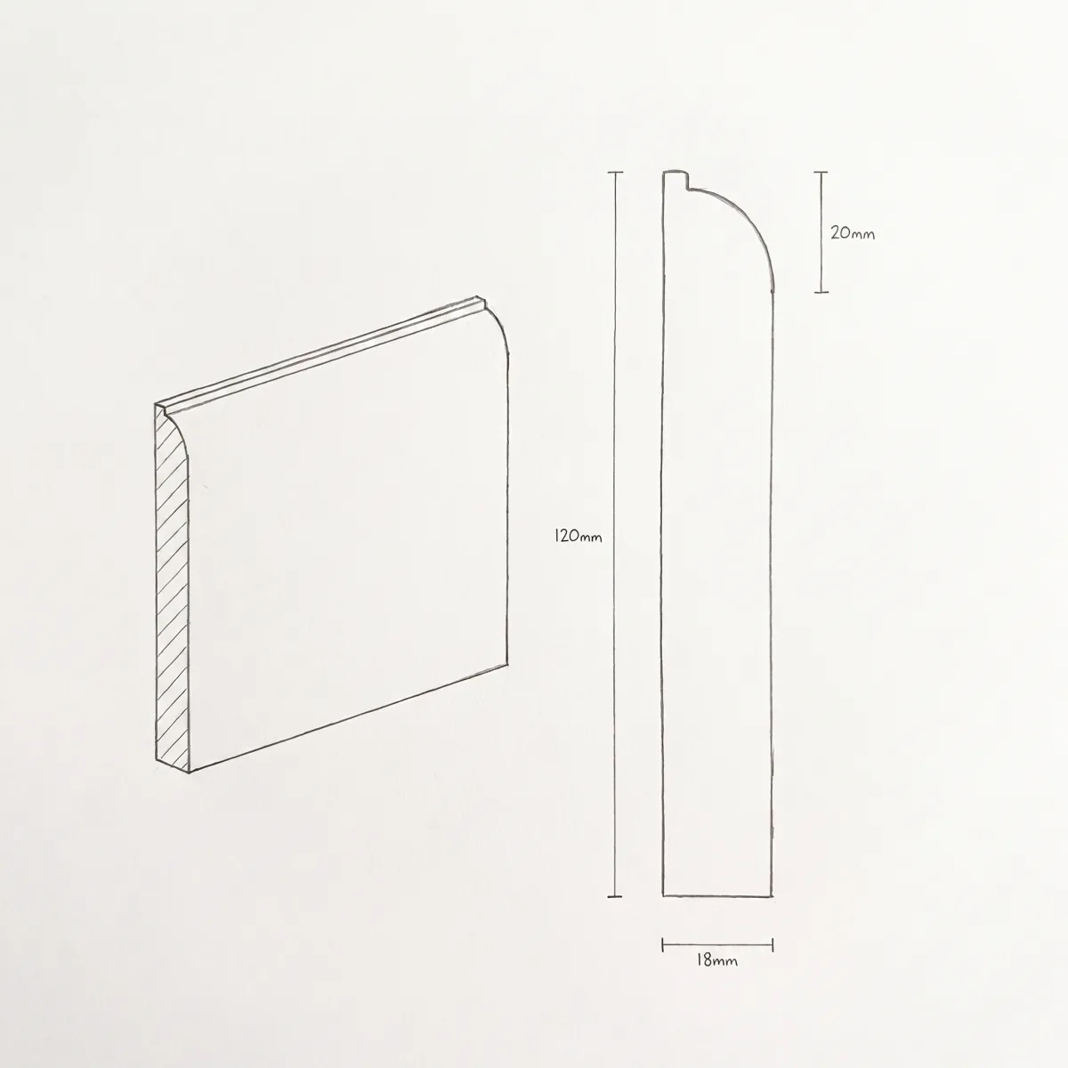 Ovolo skirting profile, illustrated section drawing