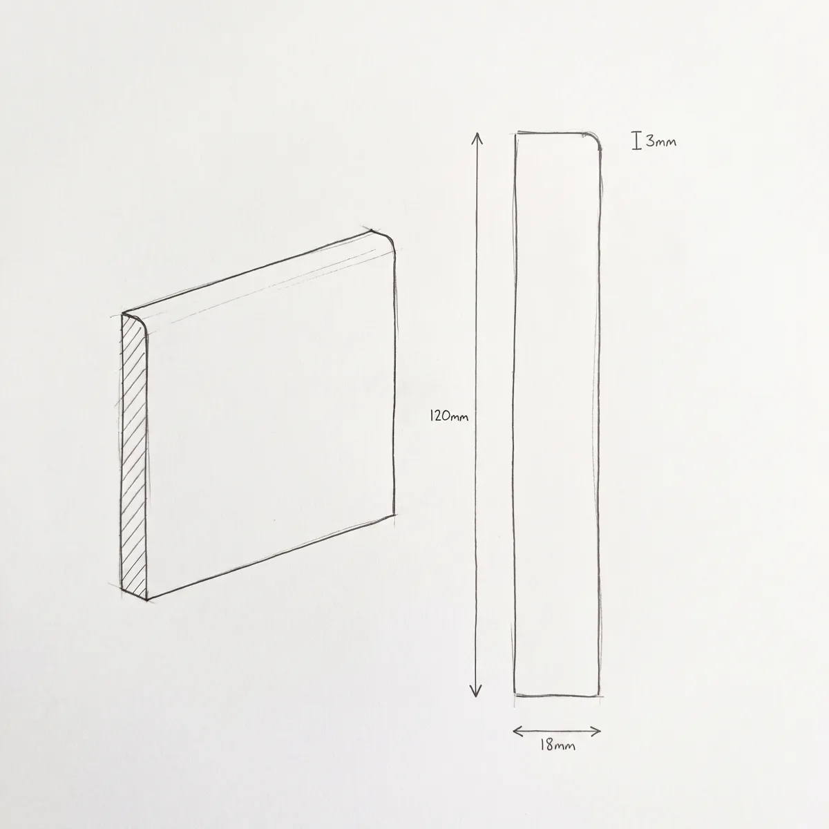 Pencil Round skirting profile, illustrated section drawing