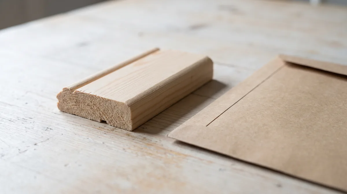 A short skirting board offcut lying beside a brown paper envelope